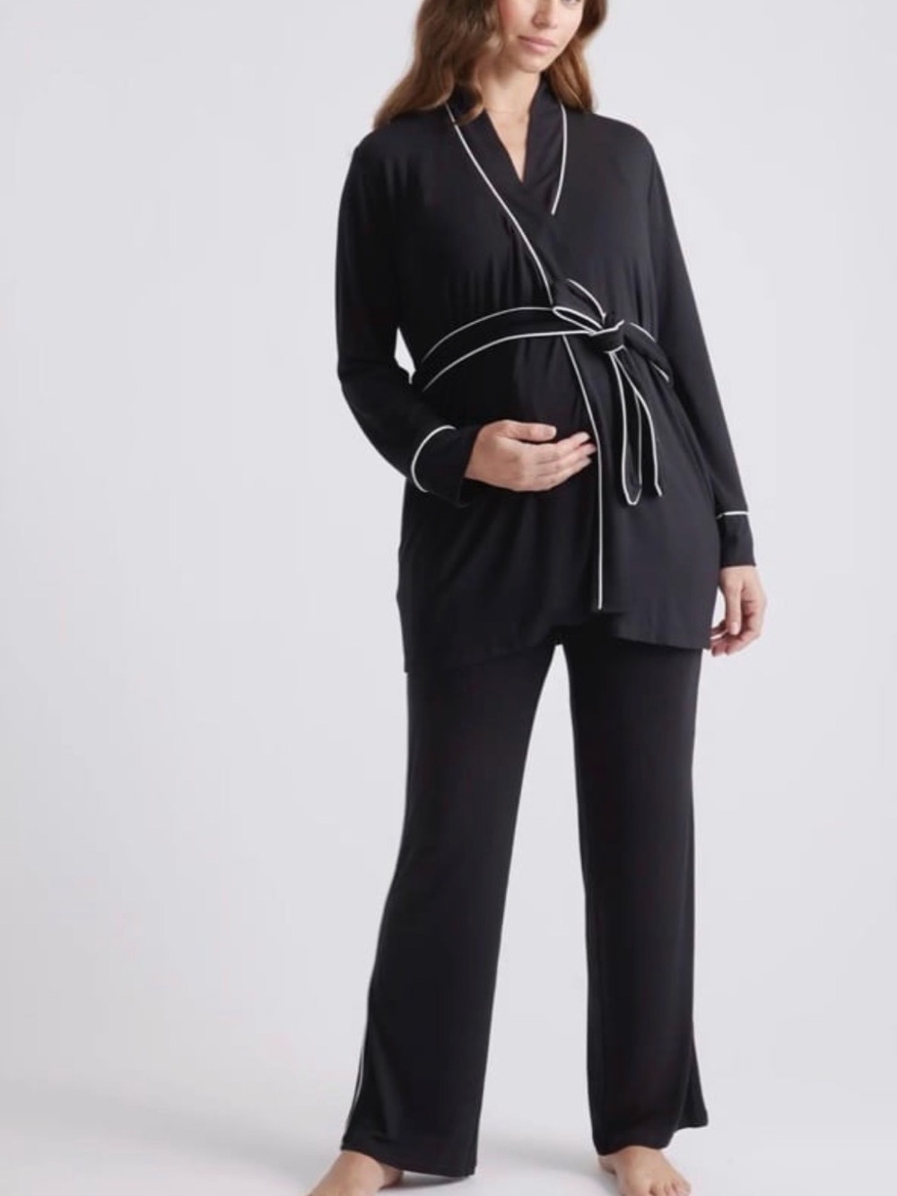 Quince Maternity Jacket length Black Wrap Robe with Contrast Trim, size S